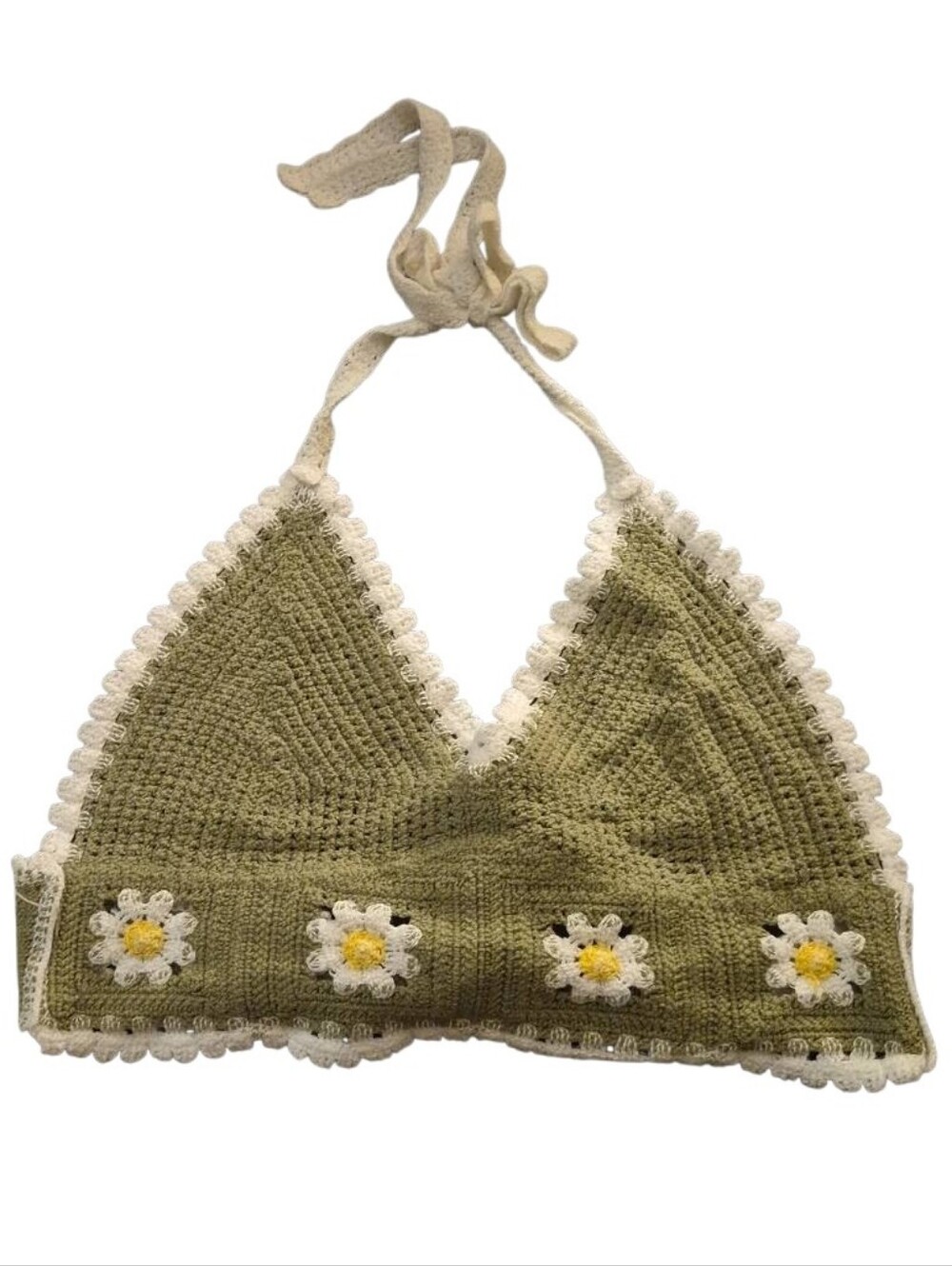 Crochet Daisy Halter Crop Top - Olive Green